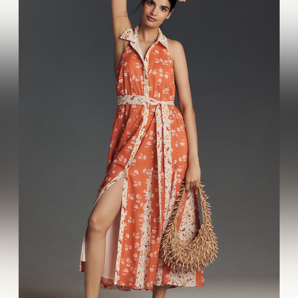 *Anthropologie Maeve Halter Open-Back Godet Midi Shirt Dress